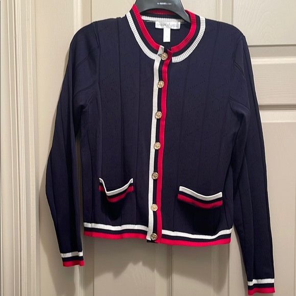 Navy Blue Cardigan with Red and White Trim - Picture 1 of 5